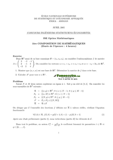 Sujet 1ère épreuve de maths ISE option maths 2005 (ENSEA)