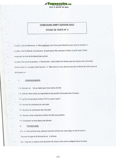 Sujet et corrigé d'Etude de texte concours d’entrée à l'EMPT Bingerville 2015 (2)