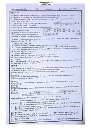 Sujet de Physique-Chimie Terminale D Lycée Classique Abidjan 2022