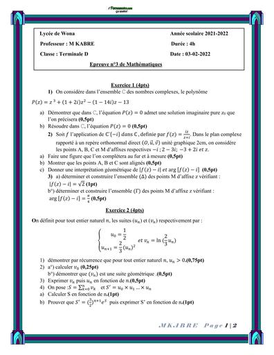 DEVOIR DE MATHS Tle D N°3 LYCEE DE WONA 2022 BY TEHUA