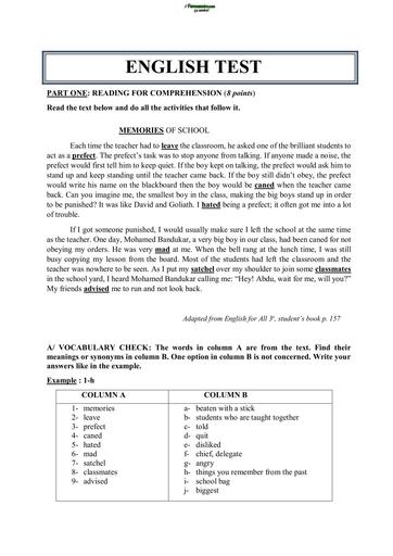 SUJET 3ième DEVOIR D'ANGLAIS MEMORIES OF SCHOOL BY TEHUA