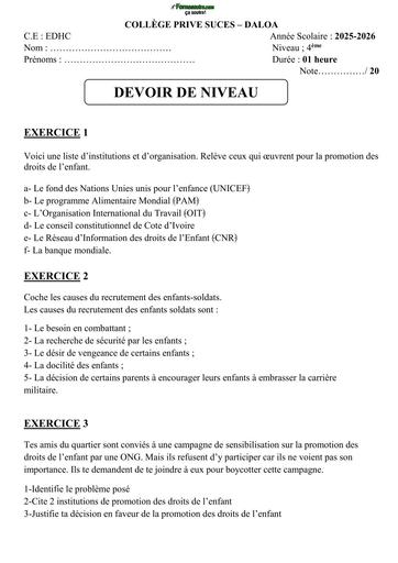 Sujet 4ième DEVOIR EDHC 4ème Collège privé Succès de Daloa By Tehua