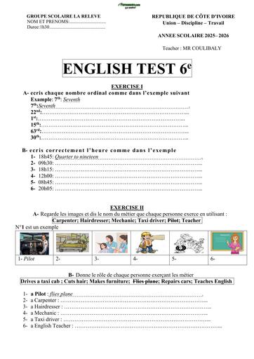 DEVOIR D'ANGLAIS NIVEAU 6ième GS LA RELEVE 2026 BY TEHUA