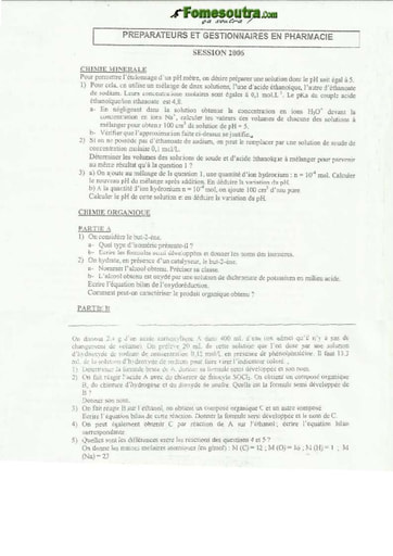 Sujet Chimie Préparateur et Gestionnaire en Pharmacie INFAS 2006