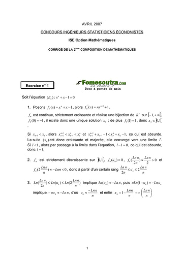 Corrigé 2ème épreuve de maths ISE option maths 2007 (ENSEA - ISSEA)