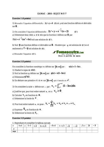 Sujet de Maths Concours EAMAC cycle Technicien Supérieur et Technicien session 2014