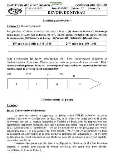 Devoir Histoire-Géographie Tle D 2021-2022