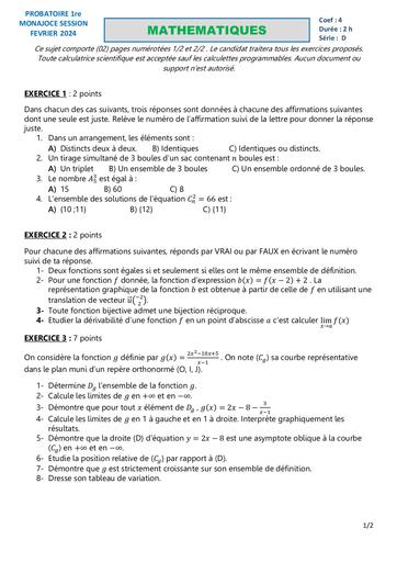 MATHEMATIQUES SUJET 1 PROBATOIRE 1ere D FEVRIER 2024 DJAHASHIKAN