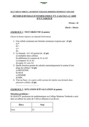 DEVOIR SURVEILLE INFORMATIQUE CALCULS A L'AIDE D'UN TABLEUR N°2 4è JANVIER 2026 by TEHUA