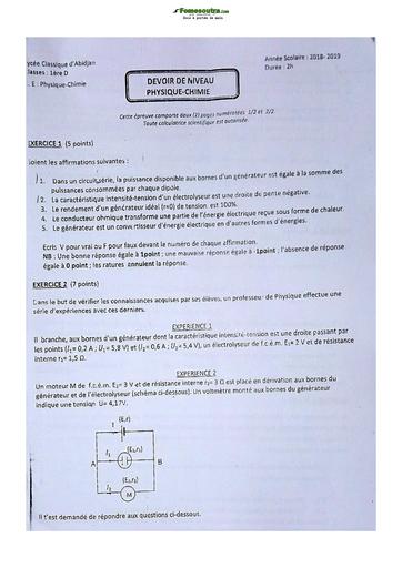 Sujet de Physique-Chimie Niveau Première D Lycée Classique Abidjan 2022
