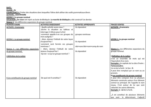 Fiche de cours Français GRAMMAIRE 4eme ApC