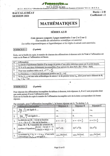 Sujet corrigé et barème de Maths BAC A2 et H 2021