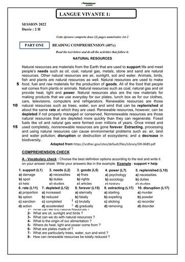 SUJET D'ANGLAIS 3ième NATUREL RESOURCES BY TEHUA