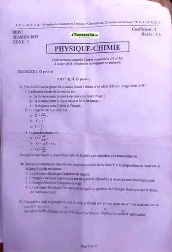 Sujet PC bepc 2023 zone1