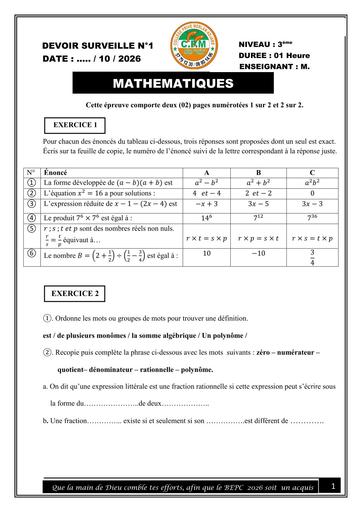 DEVOIR surveillé 3ème N°1 (calcul littéral 2025 2026 MERLAN by TEHUA