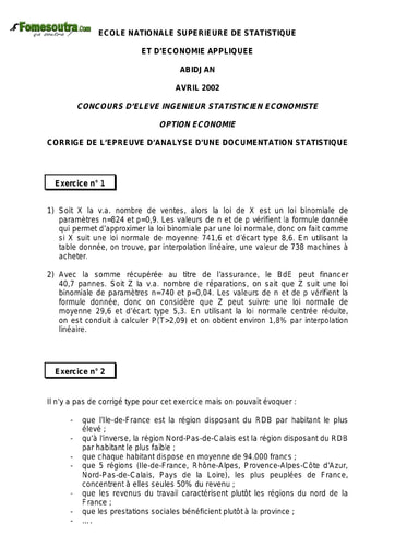 Corrigé Analyse d'une documentation statistique ISE option économie 2002 (ENSEA)