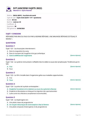 Concours INFAS 2022 Ancien sujet SVT corrigé by Tehua