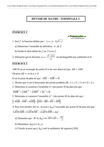 Devoir (2) de Maths niveau Terminale C Lycée Mamie Houphouet Fetai