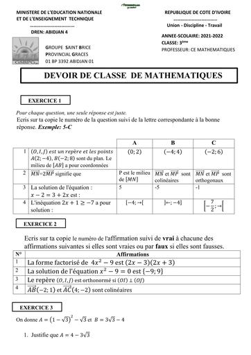 DEVOIR DE MATHS NIVEAU 3ième PROVINCIAL 2022 BY TEHUA