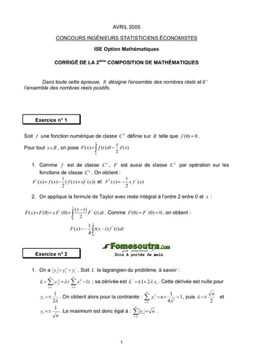 Corrigé 2ème épreuve de maths ISE option maths 2005 (ENSEA)