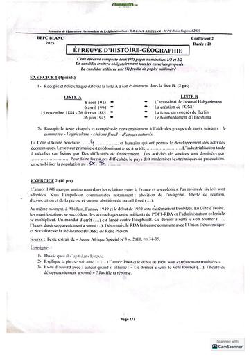 Bepc blanc régional 2025 dren abidjan 4 histoire géogragraphie Sujet BY TEHUA