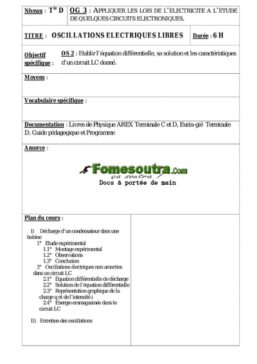 Oscillations électriques libres - Cours Physique Terminale D