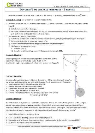 Devoir (2) de Sciences Physiques niveau Seconde S - Groupe Scolaire Aston Berger - Année scolaire