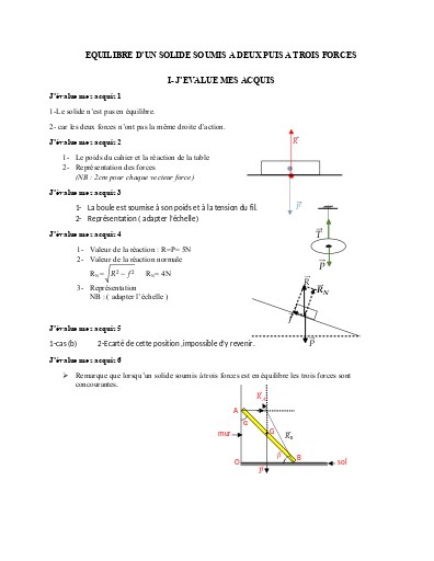 Corrigé leçon 3 Equilibre d'un solide soumis a deux puis a trois forces