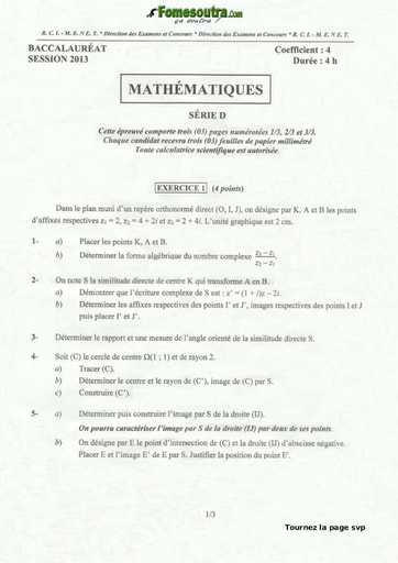 Sujet de Maths BAC D 2013