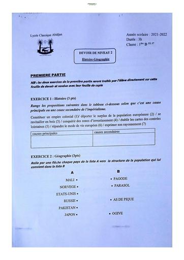 Devoir Histoire-Géographie Niveau Première Lycée Classique Abidjan 2022-2023