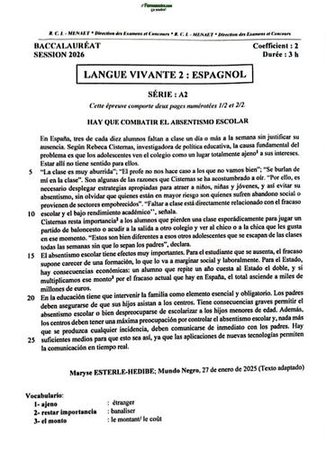 BAC 2026 Sujet Lv2 espagnol série A2 Côte d'Ivoire By TEHUA