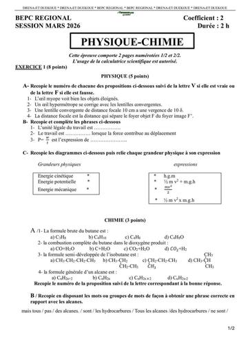 PHYSIQUE CHIMIE 2026 BEPC BLANC DUEKOUE SUJET+BAREME  2026