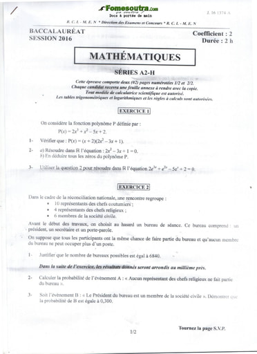 Sujet de Maths BAC A2 et H 2016