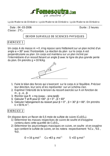 Devoir 7 de Physique-Chimie niveau 2nd C