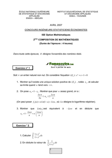 Sujet 2ème épreuve de maths ISE option maths 2007 (ENSEA - ISSEA)