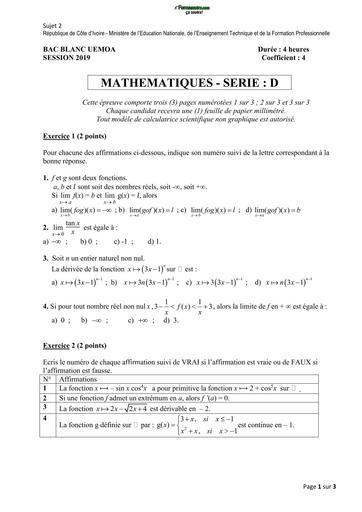 Sujet maths Bac Blanc UEMOA serie D BY TEHUA