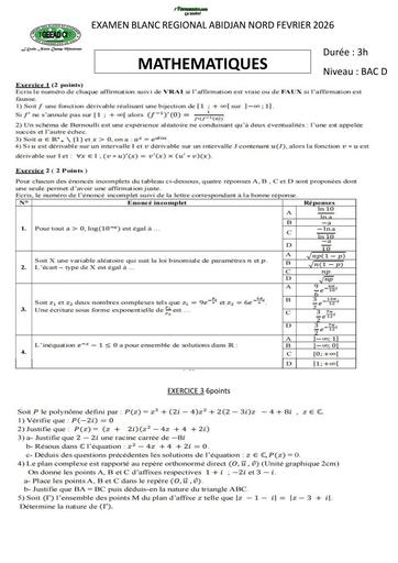 BAC BLANC FEVRIER 2026 DRENA ABIDJAN NORD SUJET MATHS SERIE D (SUJET) by TEHUA
