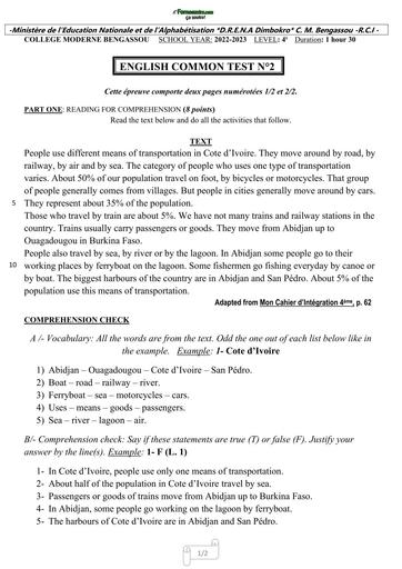 DEVOIR D'ANGLAIS Niveau 4ième Collège BENGASSOU DIMBOKRO by TEHUA