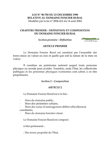 LOI N° 98-750 relative au Domaine Foncier Rural -  Côte d’Ivoire