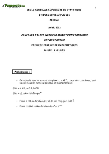 Sujet 1ère épreuve de maths ISE option économie 2002 (ENSEA)