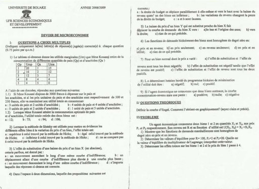 Sujet de Microéconomie - Sciences Economiques et Développement - Université de Bouaké