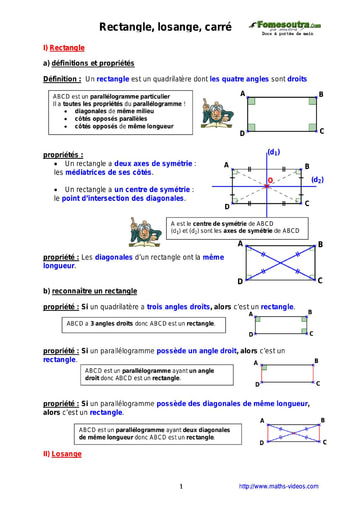 Rectangle, losange, carré - Cours de Maths niveau 5eme