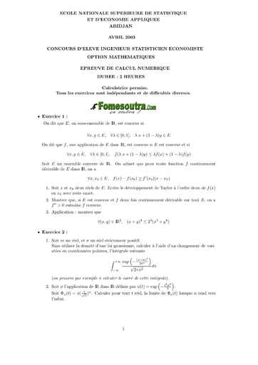 Sujet de Calcul numérique ISE option maths 2003 (ENSEA)