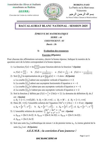 BAC BLANC 2025 SERIE A Sujets MATHS BURKKINA FASO BY TEHUA