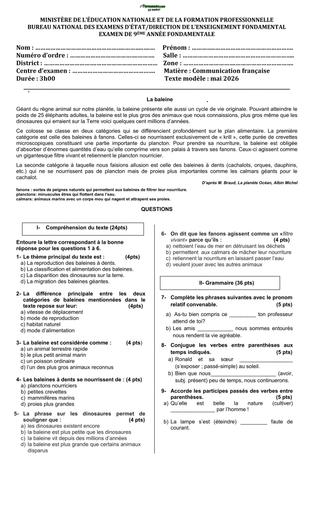 Modèle d'examen 2026 Français 9e AF by TEHUA