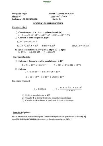 DEVOIR DE MATHS 4ième N°1 Collège le forgui by TEHUA