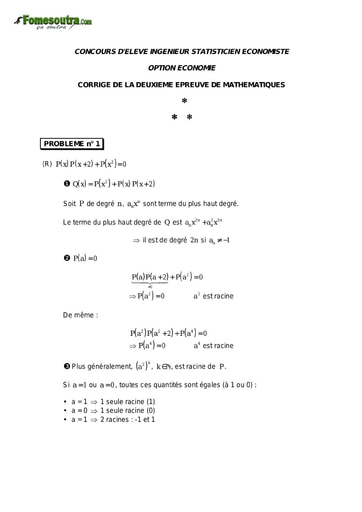 Corrigé 2ème épreuve de maths ISE option économie 1999 (ENSEA)