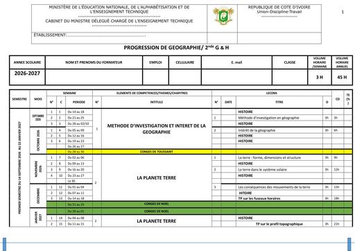 PROGRESSION 2026 27 GEOGRAPHIE SECONDE G et H by TEHUA