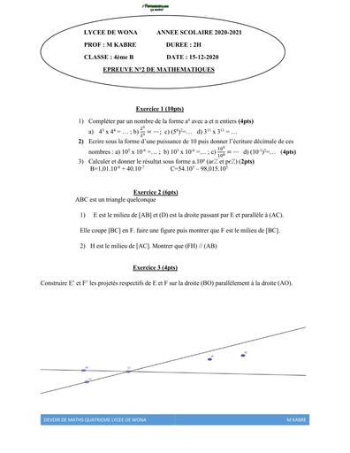 DEVOIR DE MATHS NIVEAU 4ième N°2 LYCEE DE WONA 2021 BY TEHUA