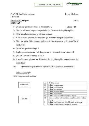 DEVOIR  DE PHILO 1ière A Bouaflé 2023 BY TEHUA